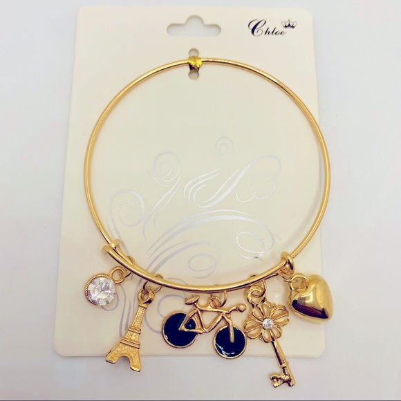 Bracelet Bangle Eiffel Tower Heart Key Bike Crysta - Picture 6 of 9